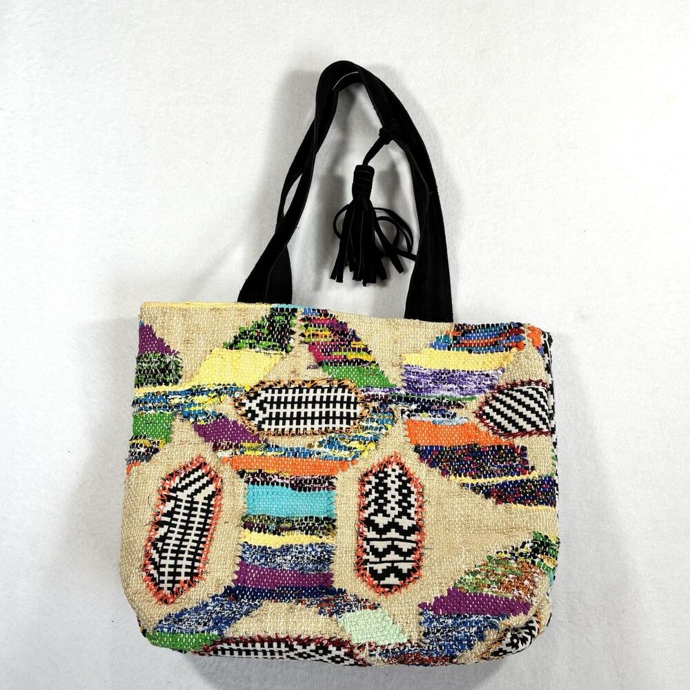 Woven Tapestry Handbag Tote With Leather Tassel Handles 16x13 Artsy Patch Design